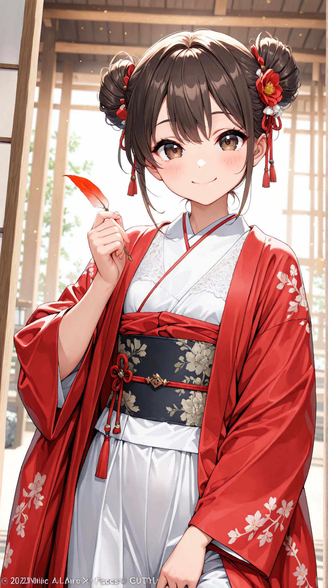 (masterpiece),best quality,good anatomy, shuimobysim,(1 girl:1), (upper body),(smile),short hair,(hanfu),(ecchi0.5), (trees:0.5), (flowers:0.6) ,(wooden house:0.2),(bamboo forest:0.2),(creek:0.2),(river:0.2),