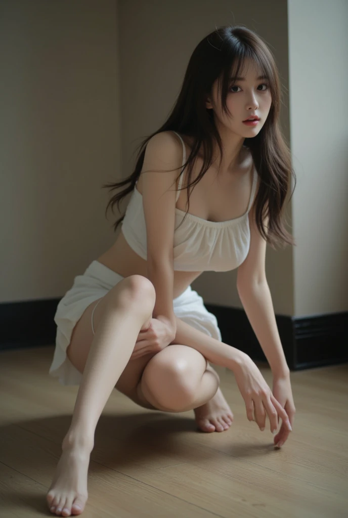 Girl (Masterpiece: 1.4), (8K, Real, Raw Photo, Best Quality: 1.4), Japan Person, (1 Girl), Beautiful Face, (Real Face: 1.4), (Caramel Hair, Long Hair: 1.3), Beautiful Hairstyle, Realistic Blue Eyes, Beautiful Detail Eyes, (Real Skin: 1.3), Beautiful Skin, Attractive, Ultra High Resolution, Ultra Realistic, High Definition, Golden Ratio, (Detailed Face: 1.4), (Anna Tanaka), Wet and sheer tank top, short hair, wet and see-through white see-through panties, NSFW, nipple areola shape clear, look here, sitting on the couch, pubic area shape is transparent and clear, sweat drenched, pose (knees bent and legs wide open), clear unevenness of body, hands in panties