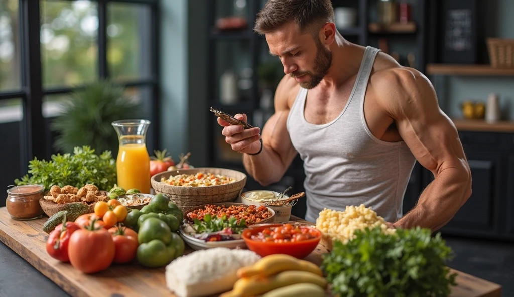 A hyperrealistic award winning studio film photography full contrast pro color grading soft shadow clean sharp focus of a man's hand holding a handful of colorful supplements with a glass of water and a plate of healthy food in the background. The focus is on the supplements, highlighting their variety and vibrancy.
