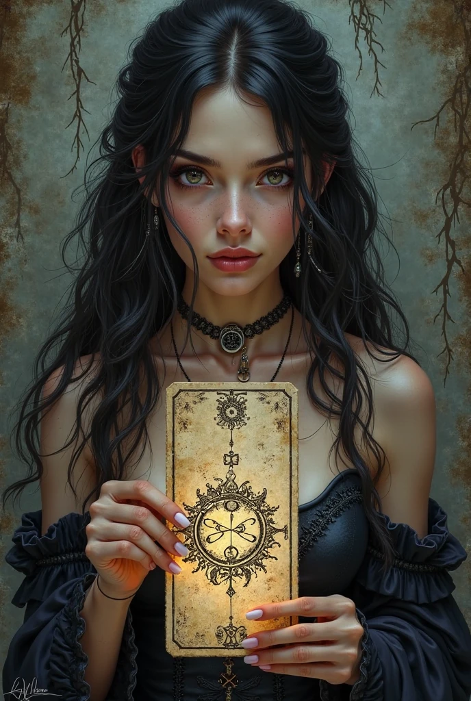Woman with dark brown curly hair down to her shoulders, light brown skin and dark brown eyes holding a tarot card and wearing a witch outfit