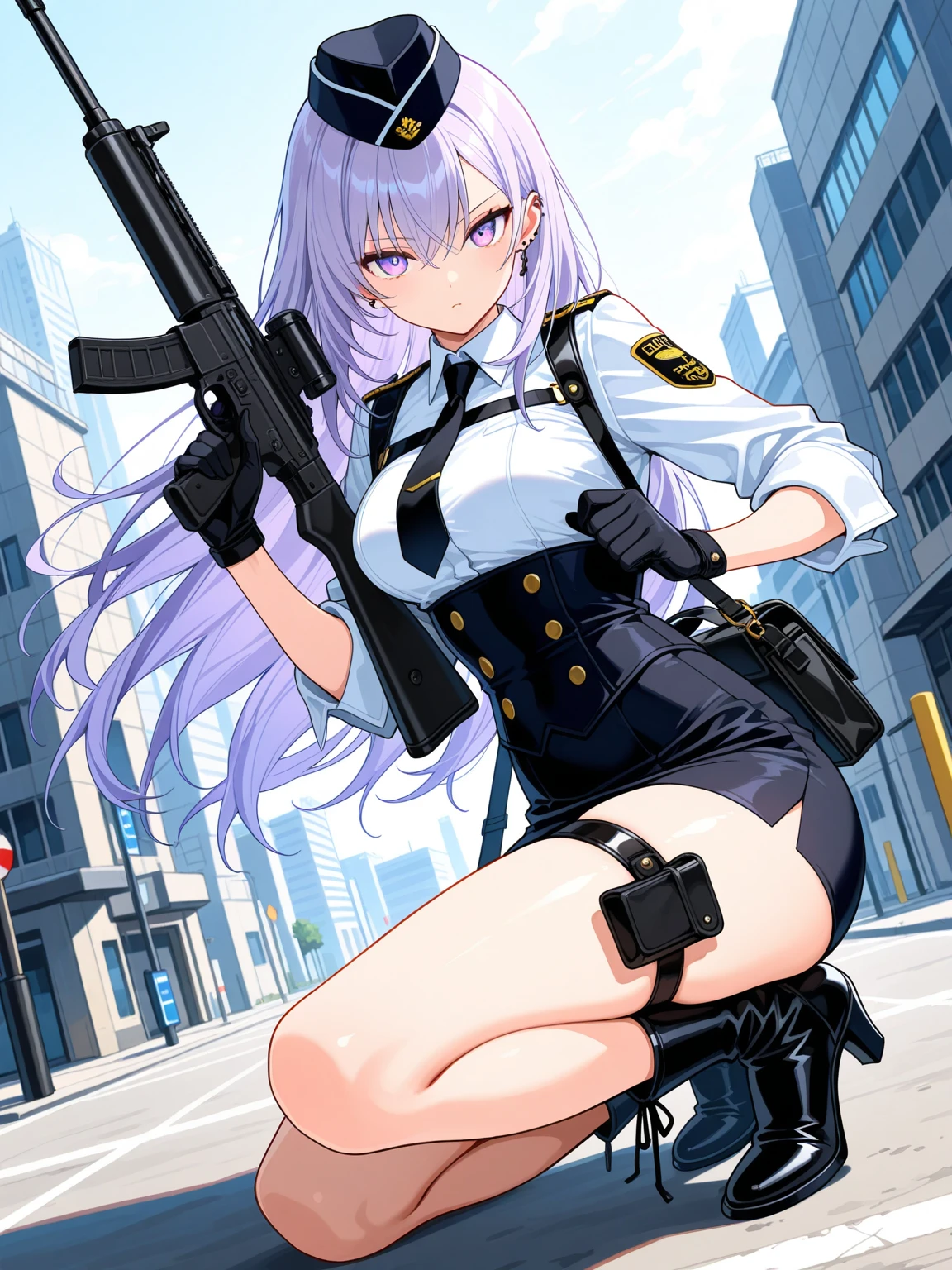 Imperial Guard Combat Uniform Swimsuit, o-ring bikini, v gundam, swimsuit, absurdres, highres, solo, cowboy shot, 1girl, neneka nibrou \(cosplay\), wristband, headphone, holster, backpack, holding gun, aiming, perfect hands, wind, (highres,best_quality,masterpiece), small breast, Sakayanagi Arisu, silver hair, purple eyes, bangs, medium hair, bow, from behind, ass, from back, looking from back, view from back