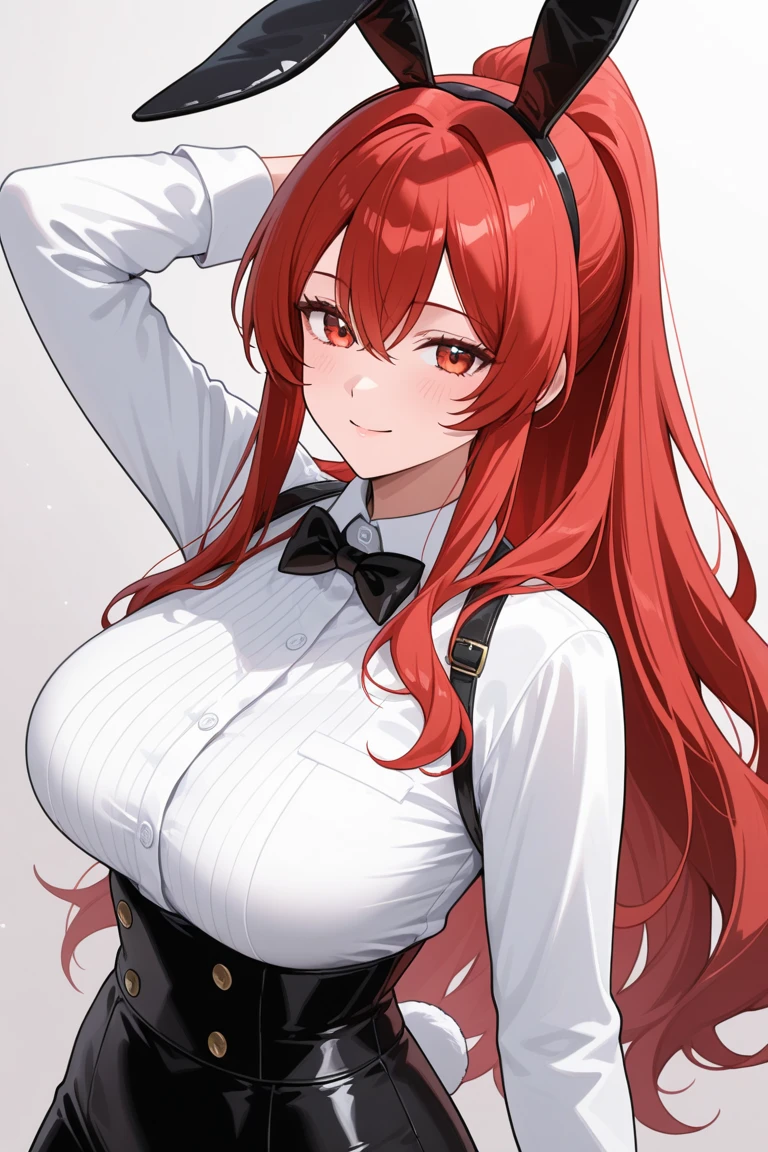 1 woman milf “"Giant breasts" + "large rear" + "wide hips" + "plump thighs" + "red eyes" + "(white star pupils)" + (("serious expression")) + "Long red Hair in a ponytail" + "Red Lips" + "Lucious Lips"”)}, {“Outfit”: tight white shirt, short tight black skirt, long white Lab Coat open})