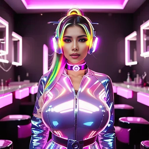 A young woman with multicolored hair in neon tones, wearing a silver metallic dress with holographic details, pink headphones with gold details, in a completely red environment with neon lights, bold and contemporary style, 8k. She is looking directly at the camera with a determined expression.