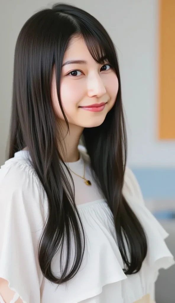 (((upper body shot))),Ultra-high resolution,big eyes,((brown eyes)),Japanese,(forehead),(a girl),(1 girl),((17 years old)),(cute),pretty,((facing at viewer)),arms behind back,grin,(((black clothes)))