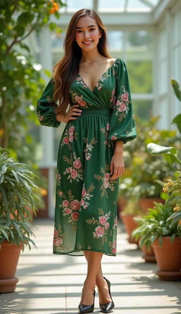 Highest quality, masterpiece, Realistic, One girl, alone, Straight long hair, View your viewers, smile, whole body, Are standing , Old dresses, Long sleeve, Long dress, Floral print, White high heels, Simple Background, Big breasts and a tight dress、