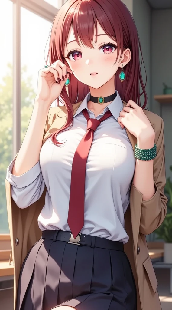(masterpiece, computer, mejor quality, Clear focus, shadow, anime style, Ultra high resolution, 8K, perfect anatomy, rostro perfecto, (detailed face), ( Detailed eye ), score_9, score_8_up, score_7_up, score_6_up, score_5_up, score_4_up, source _Animated, Label 1, Label2, quality_masterpiece, anatomically correct, beautiful face, rostro perfecto, Beautiful and highly detailed face and eyes, Attractive face, detailed face, Delicate facial features, detailed leather, pechos enormes, breast size cup D or DD, caderas anchas, gigantic butt texture, thick thighs. Anime style illustration with a sensual and attractive appearance with a sweet and flirty expression. He has large bright pink eyes, slightly shiny , and long wine red hair. She wears a modern schoolgirl outfit with a sensual touch: white shirt slightly fitted and open at the shoulders, slightly loose red tie, Navy blue short skirt, black belt and a light brown jacket lying on his arms. She wears elegant accessories such as turquoise pendant earrings, a black choker with an emerald, a green beaded bracelet and several rings. His cheeks are slightly flushed, and there is a soft light entering from a window in the background, creating a warm indoor atmosphere, possibly in a classroom or school office. Her pose is relaxed and slightly provocative, with a sensual touch crossed and a hand playing with your earring.
