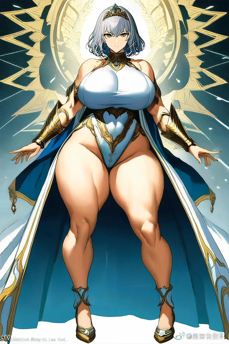 blond hair, sexy hair, muscle girl huge breast, revealing cloths, darkskinned-female, makeup, red lips, bimbo, angel, cupidon, long dress, walking, angel wings, pants, , flip flops, smile, medieval village