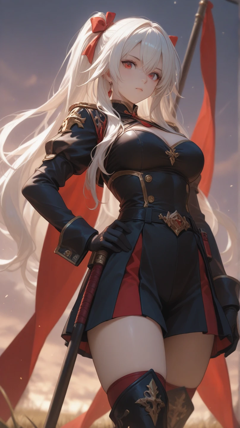 Edelgard&#39;s photo_School, Hair Ribbon, Black jacket, Black Dress, Ascot, Red Pantyhose, White gloves, High heels, Walking the battlefield, moonlight, full moon, young, Teen, (skinny), small , small, 1 Girl, (((3d, Video game))),masterpiece, Highest quality, Intricate details, 8K Ultra HD, Perfect Face, Perfect Eyes
