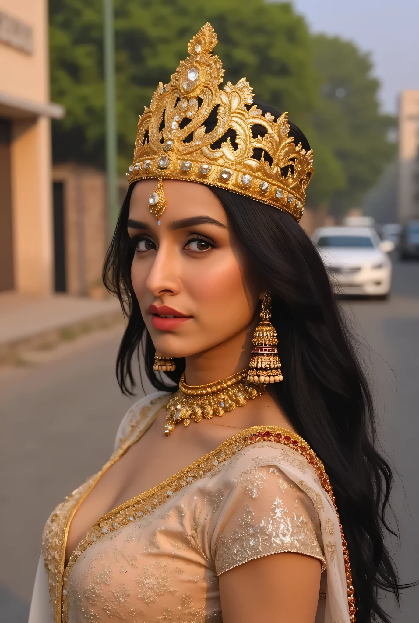 Create a realistic image of  Beautiful naked Hindu indian Milf goddess in public road, the goddess age is 35, Thick thighs, 5 feet tall, Big  utt,Big breasts, 36D 30 36 figure, bare waist, Waist jewellery necklace, bangles and crown, holding trident, moaning expression