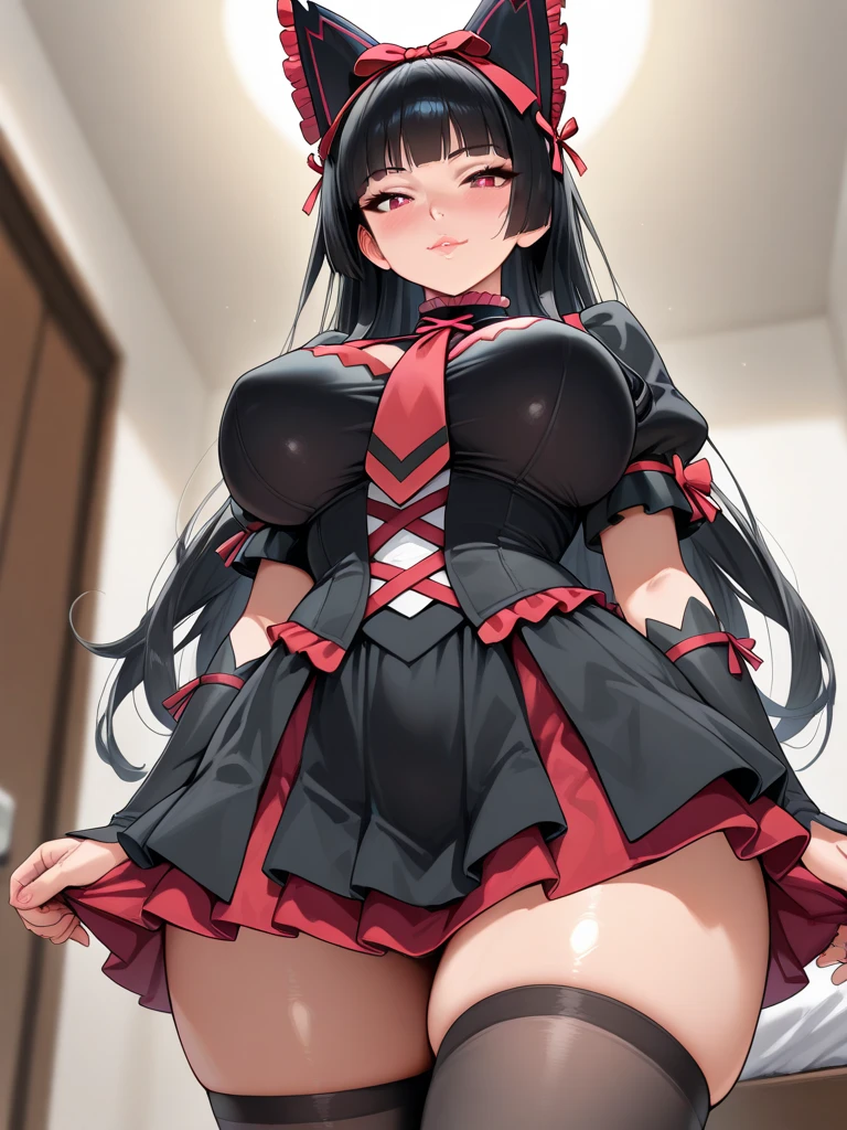 nsfw, best quality, 8k, detailed face, detailed eyes,1 girl, solo, lineart,black long hair, braid, one side up, bangs,whiteheadband, red eyes, medium breasts,topless,panty shot,lift up skirt,cleavage between breasts,rubbing own breast,sexy pose,plump body,seductive smile,naughty expression,excited,flushed cheeks,