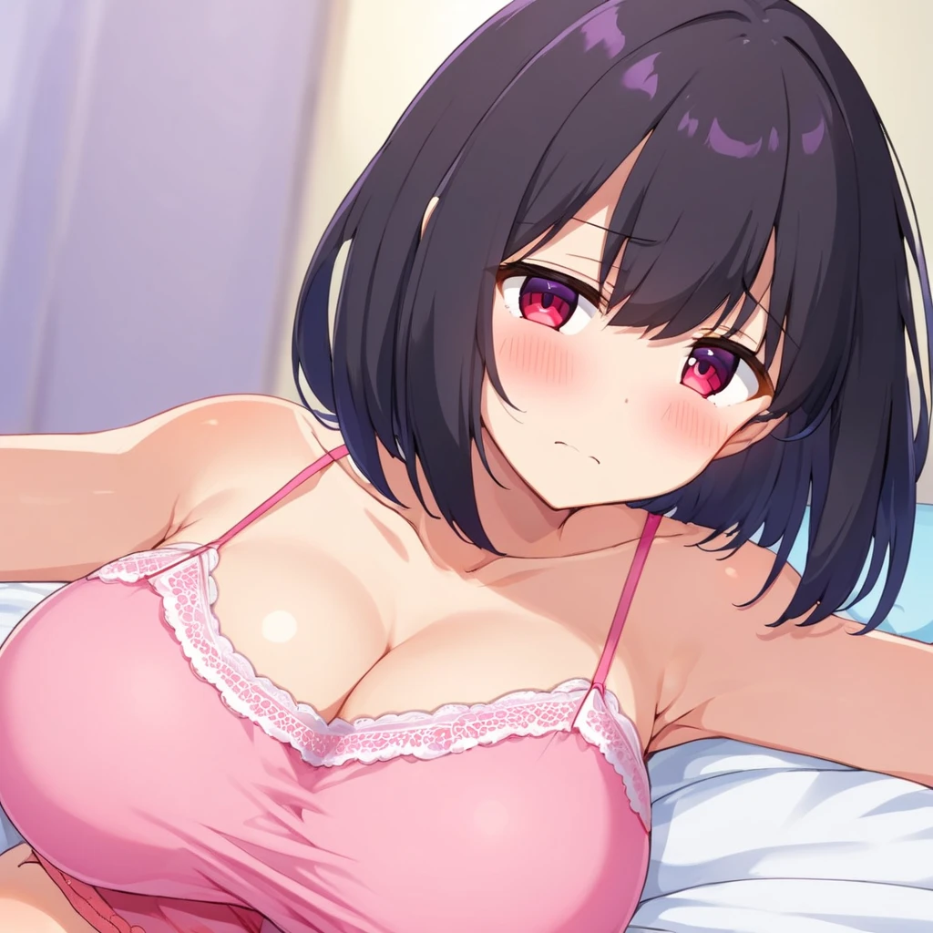 (Wearing a lace pale pink bikini Leaning forward Gravure Pose on the beds ighly detailed clear outlines Beautiful face Beautiful skin) thin-waist A slender ribbed skinny limbs teats cleavage of the breast Beautiful breasts a short bob Beautiful fingertips Illustrator