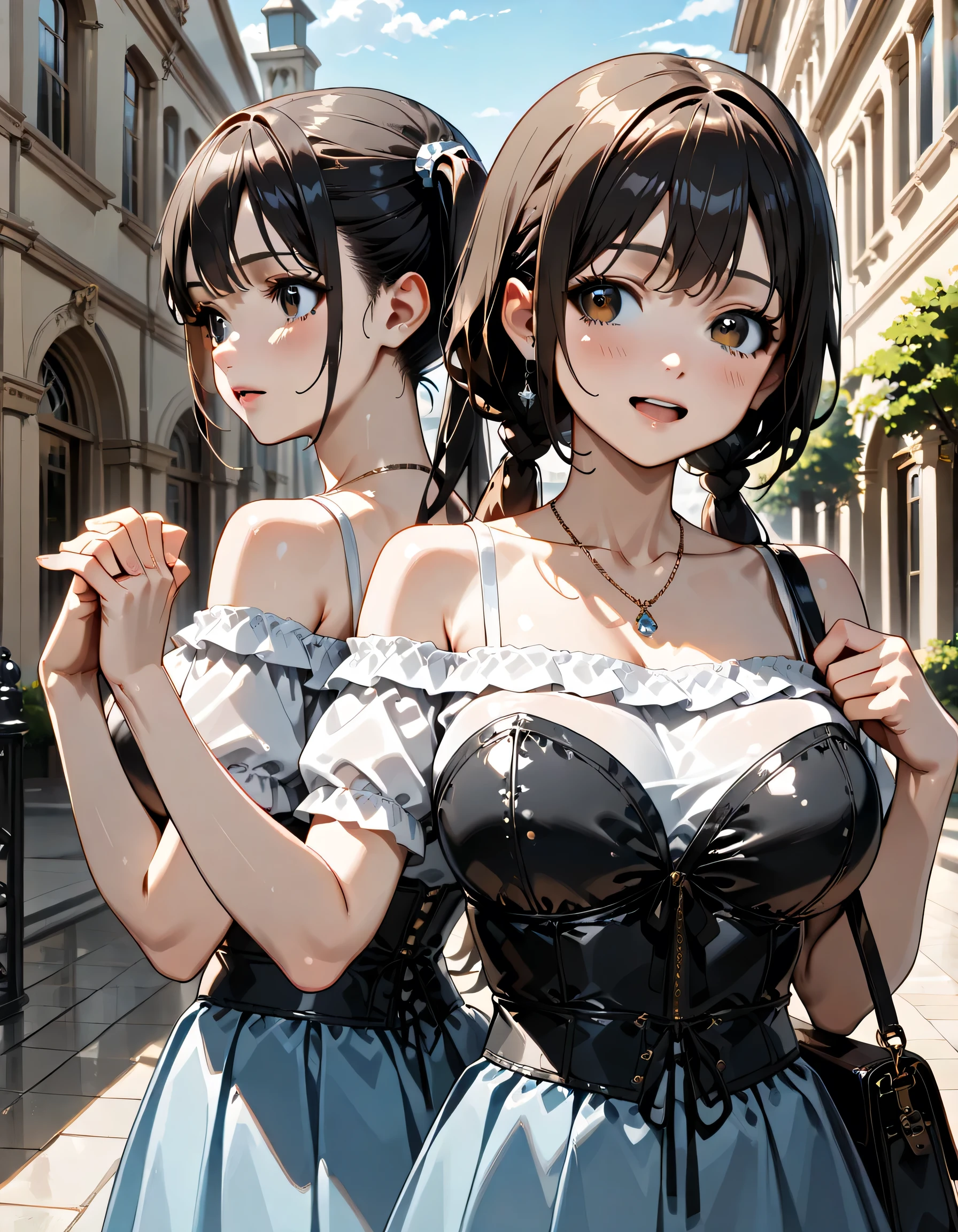 ((ultra-quality)), (in 8K), 2women(different hair style), (different eye color), ultla highres, Hyper Detailed, High contrast, Ultrafine Strike, creative refinement, absurdres, Realistic, extremely detailed CG unified 8k wallpaper, Highly detailed, High-definition raw color photos, professional photograpy, Realistic portrait, Cinematic Light, Beautiful detailed, 27 years old woman, ((Best quality, 8k, Masterpiece: 1.3)), Slim abdomen, ((Layered haircut, Large breasts: 1.2)), (no bra), (Sheer nipples:1.1), (Sheer areola:1.1), (breasts are covered with sleeveless bra top:1.2), (smooth stomach), , Highly detailed face and skin texture, (realistic skin:1.5), (shiny skin), (oily skin), (Best Quality:1.4), Super Detail, High quality, master piece, lifelike, Perfect face, Silly, (arms behind back:1.5), (Sharp Focus), (upper body), (close up), Delicate Beautiful Hair and Eyes and Face, Delicate eyes, radiant eyes, Lifelike, Hyper-detailing, (colossal breasts:1.6), (Big breasts:1.5), (Beautiful breasts:1.3), (arms behind back), (arms are down), Beautiful cute woman, camel-toe details, SFW, slim body