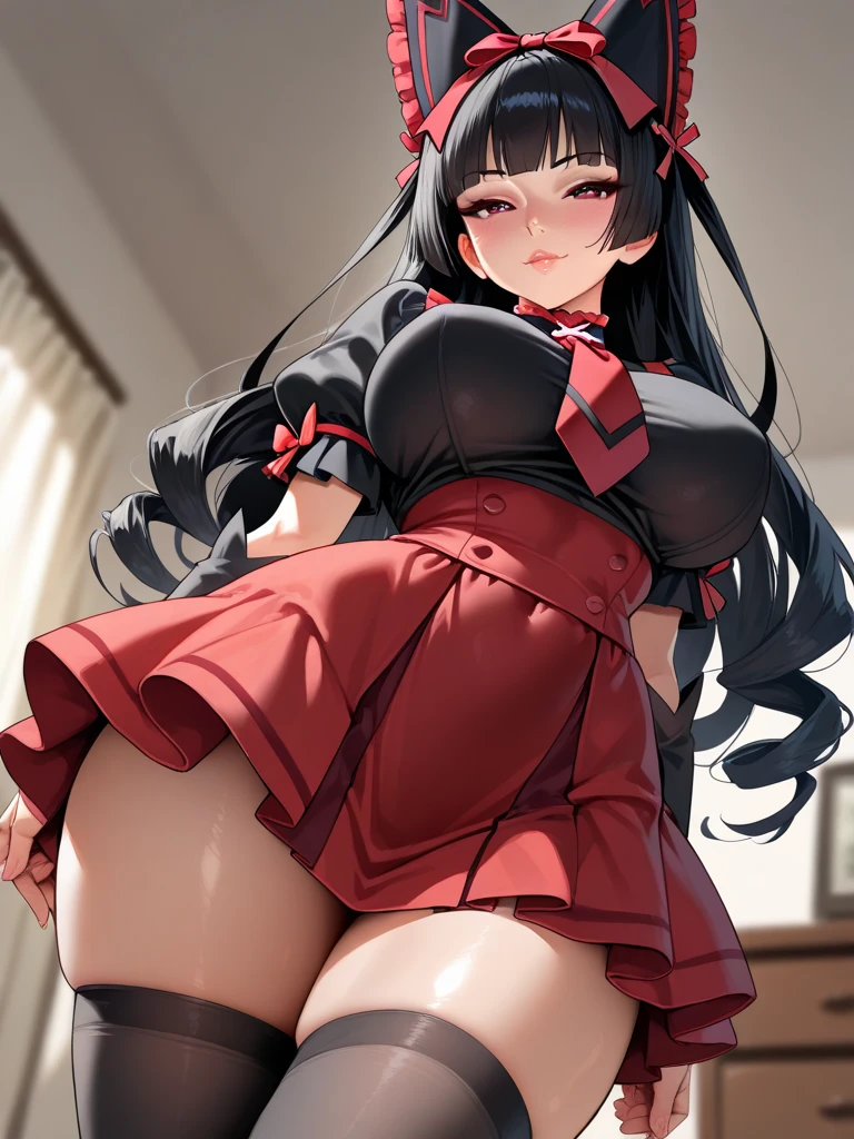 NSFW, junkotvv, black hair, red eyes, extremely long hair, messy hair, neko ears, (8k, best quality, master part:1,2), top-quality, master part, one pretty woman, Clean white skin, Beautiful red eyes, circunstanciado , Realistic , perfect thighs, thick-thighs, Round ass, perfect ass, hermosas y sexys bragas de encaje negro semi transparente, up skirt, Low angle seen from below