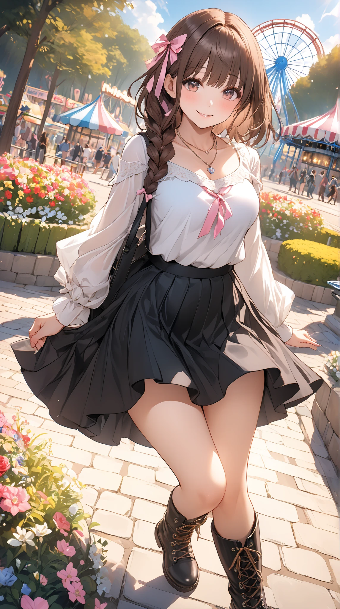 ((looking back)), ((full body)), ((realistic)), ((from behind, from below)), (((off shoulder clothes))), Beautiful young girl, Beautiful Korean model, Nice face, Beautiful hair accessories, White boots, shyexpression, Long black hair, curlies, 耳Nipple Ring, By bangs, ((slender leg)), (cold light, the night, starrysky), ((at winter season, nevando)), (((White sweater, Short black skirt, There are broken flowers on the skirt)), Detailed scenes, the detail,Hyper-detailed, ((correct hand)), (anatomy correct), (best qualtiy,tmasterpiece)