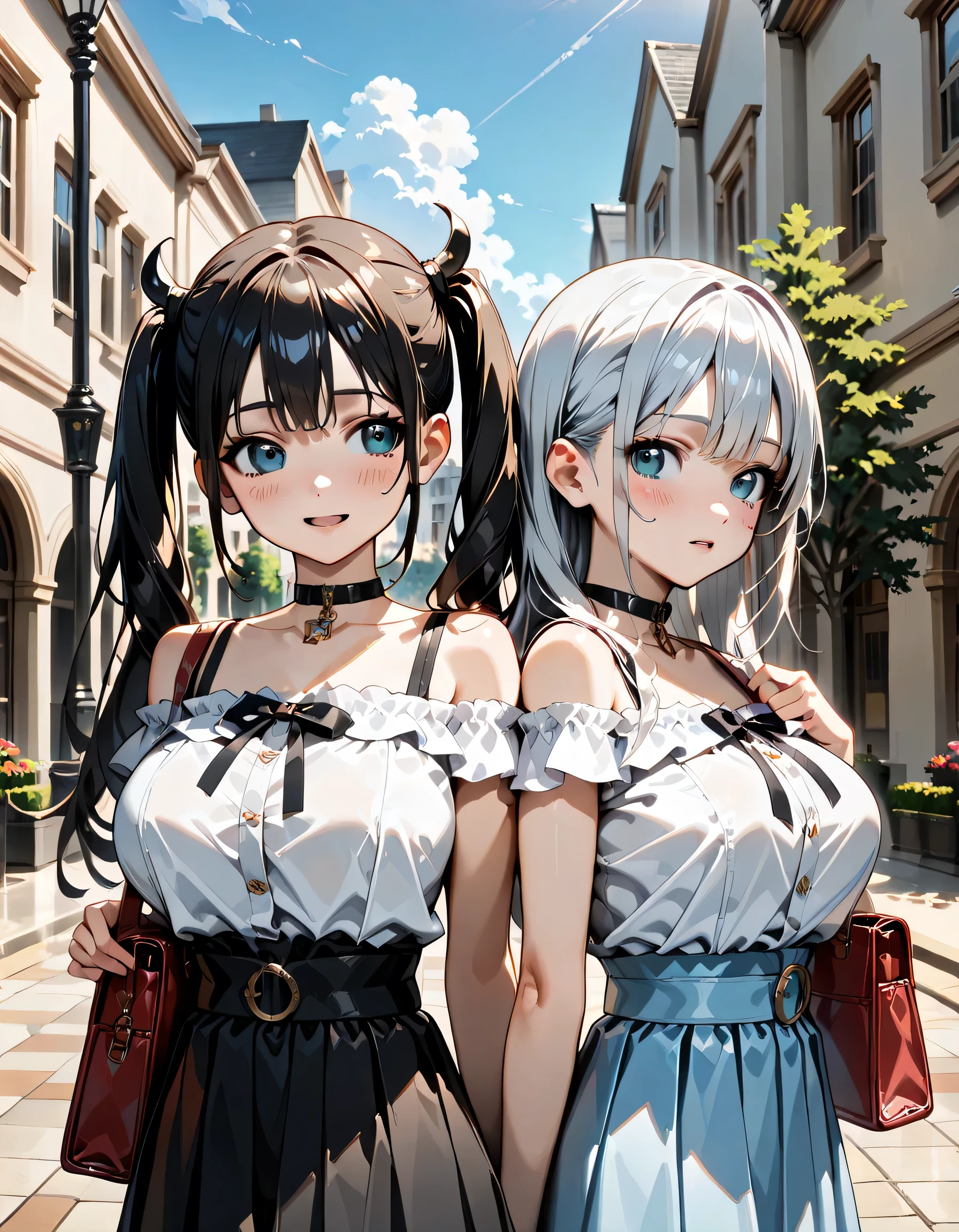 (score_9, score_8_up, score_7_up), source_anime, absurd_res, white, blue, black, (2girls), super fine illustration, an extremely delicate and beautiful, best quality, masterpiece, 8K, (upper body:1.4), Marika, Sena, back to back pose, silver hair, black hair, twin tails, black hair bow, black hair, long hair, swept bangs, half updo, aqua eyes, orange eyes, round glasses, (thick eyebrows), T-shirt with lightpurple, bustier with pink, mermaid skirt with lightbrown, shoulderbag, off-shoulder with bluepurple, culotte skirt with beige, shoulderbag, youth fashion, casual fashion, perfect feminine figure, anatomically perfect, beautiful detailed faces, huge breasts, radiant smiles, playful postures, matching outfits, peace signs, winking, cheerful expressions, Walking the streets of Paris, Paris cityscape background, Walking holding hands, vibrant colors, cute aesthetic, friendship theme, dynamic composition, energetic atmosphere, detailed facial features, bright lighting, youth fashion, standing pose, complementary poses, joyful mood, style, bubbly atmosphere,((4k,8k,Ultra HD)),((Masterpiece :1.2)),((Best quality :1.2)),((Detailed :1.5)),((Detailed background :1.5)),sharp lines, vivid colors, high contrast