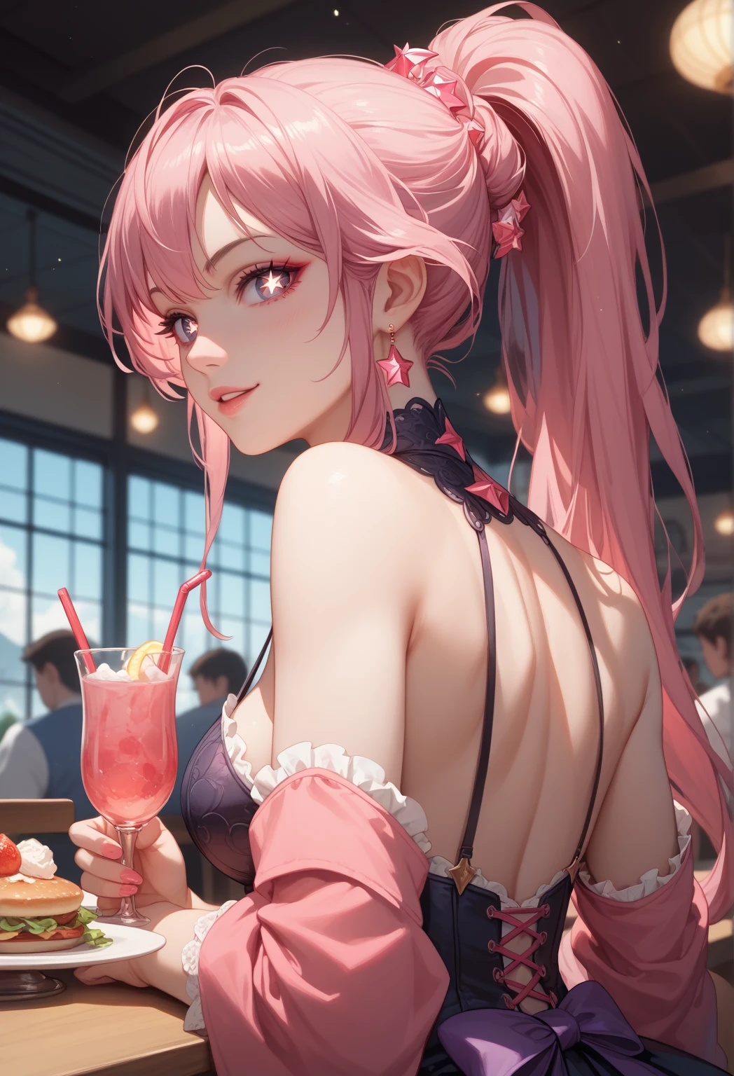 girl, solo, long hair, side top twin tails, red curly hair, bangs, slim body, very large breasts, ball shaped breasts, red pupils, cleavage, red eyes, red glowing contact lenses, hair between eyes, very long hair, red hair, solo focus, lips, drill curls, Japanese with a kind face, five fingers, full body, reality, rabbit headband, wearing a white leotard and serving at a bar