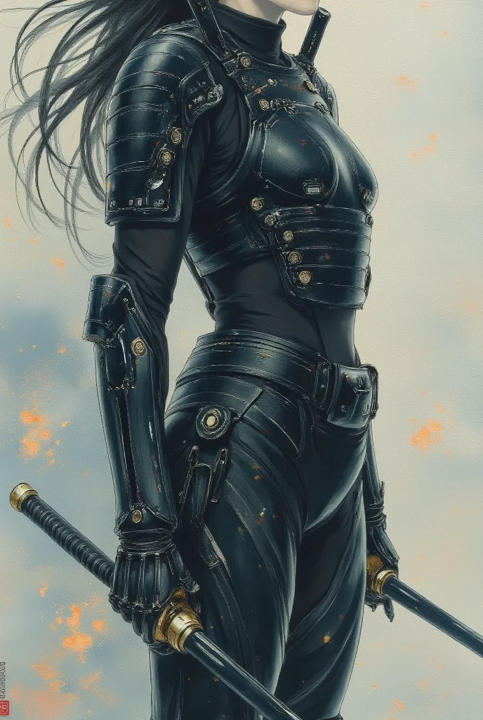 (art by Wayne Barlowe:1.1), a female soldier in bodysuit, sharper details, realistic, high details, soft shadows, cinematic, hdr, dust clouds, kukri in hand, ruins on the background