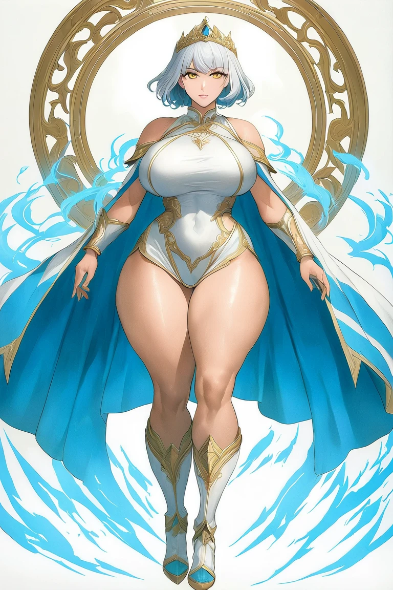 extremely long hair , ponytail, perfect anatomy 1 girl tall solo, slim thick, ((muscular)) high elf toned body, silver breast plate, blue cape, slendered abs, hourglass waist, detailed face, defined cheekbones, puffy lips, gauntlets, gold crown, shadow over eyes, looking at viewer, masterpiece, white thigh highs lingerie, high heels