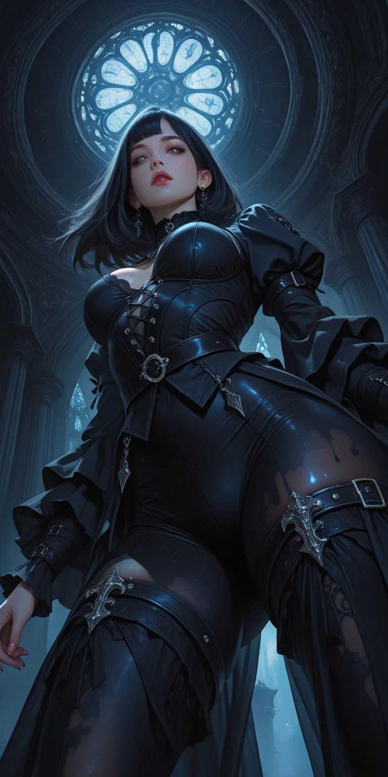 thicc Gothic female wearing sexy fur lined dress, has blue hair, thicc, wearing fishnets, squatting, nsfw, lewd, black lipstick, goth makeup
