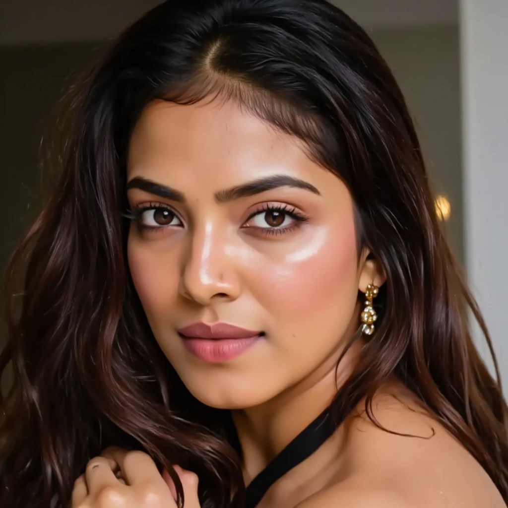 Beautiful woman wearing  no bra, analog photograph, professional fashion photoshoot, hyper realistic, masterpiece, trending on attestation,Portrait of A confident-looking indian woman with long flowing hair, hazel eyes,  , trending on attestation, portrait, , modern, sleek, highly detailed, determined, lawyer, colorized, smooth, charming, pretty, perfect composition, hyper realistic, super detailed, 8k, high quality Big brest nipple nice cleavage seductive poses red lips full body front face nude 