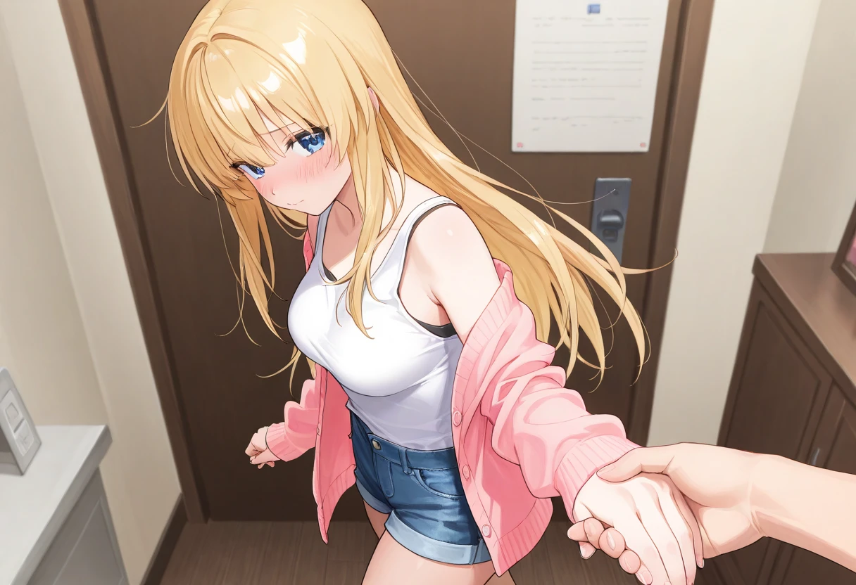 ((sexy girl ,young)) ,nsfw, glamorous, slender, long blonde hair, off shoulder pink camisole, town,stand,looking at viewer,moistened eyes,blush,sexual ecstasy, pert ass, presenting butt, young, flat chest, (5 years old girl), young girl, pussy, ((pussy juice)), child prostitute, viewfinder, recording, 2 men, penis, standing next to each other, girl in the middle of two men,
