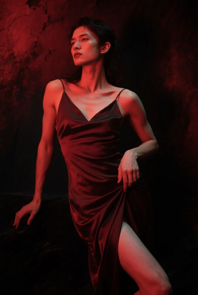 A portrait of a dancers in a tango She has a contemplative expression, with her gaze directed towards the viewer. The woman wears a draped garment with slit on the side in shades of red , with the fabric flowing gracefully around her. The background is abstract, with soft, bokeh against a dark backdrop , emphasizing the subjects. Artists: Mann, Gammell, Kley, Goldin, Gerome, Quentin Blake, DamienHirst, Hajime Sorayama, Anne Bachelier, Gibson, , Parrish . detailed photo fujifilm provia 400x renaissance-inspired chiaroscuro, HDRI.