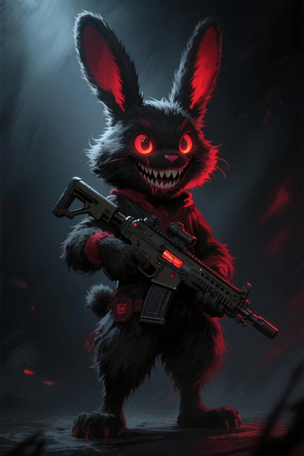 solo person，furry，werecreature，Male white wolf，Red fur，Red tail，White ears，Blood-red eyes，Red collar，musculature，male people，（The furry feeling of animal ears），With a firearm，commando，rifles