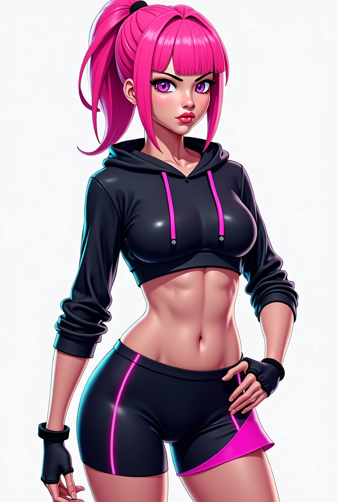 Female character with pink and black hair and a pink and black sized shirt and black shorts with black Roblox glasses