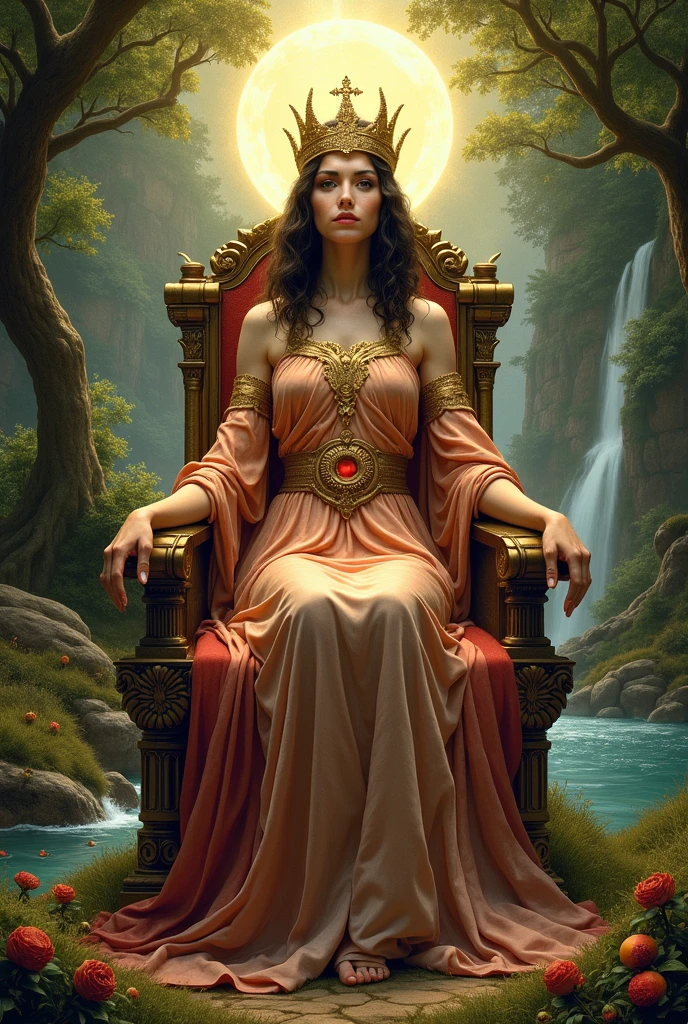 A beautiful woman dressed in sexy red clothes with a gold crown and she was sitting cross-legged on a large rock in the middle of the river., in his hands he holds a red rose and a golden trisulaweda stick, and the scenery around many ancient temples, she is like a woman from the ancient archipelago kingdom