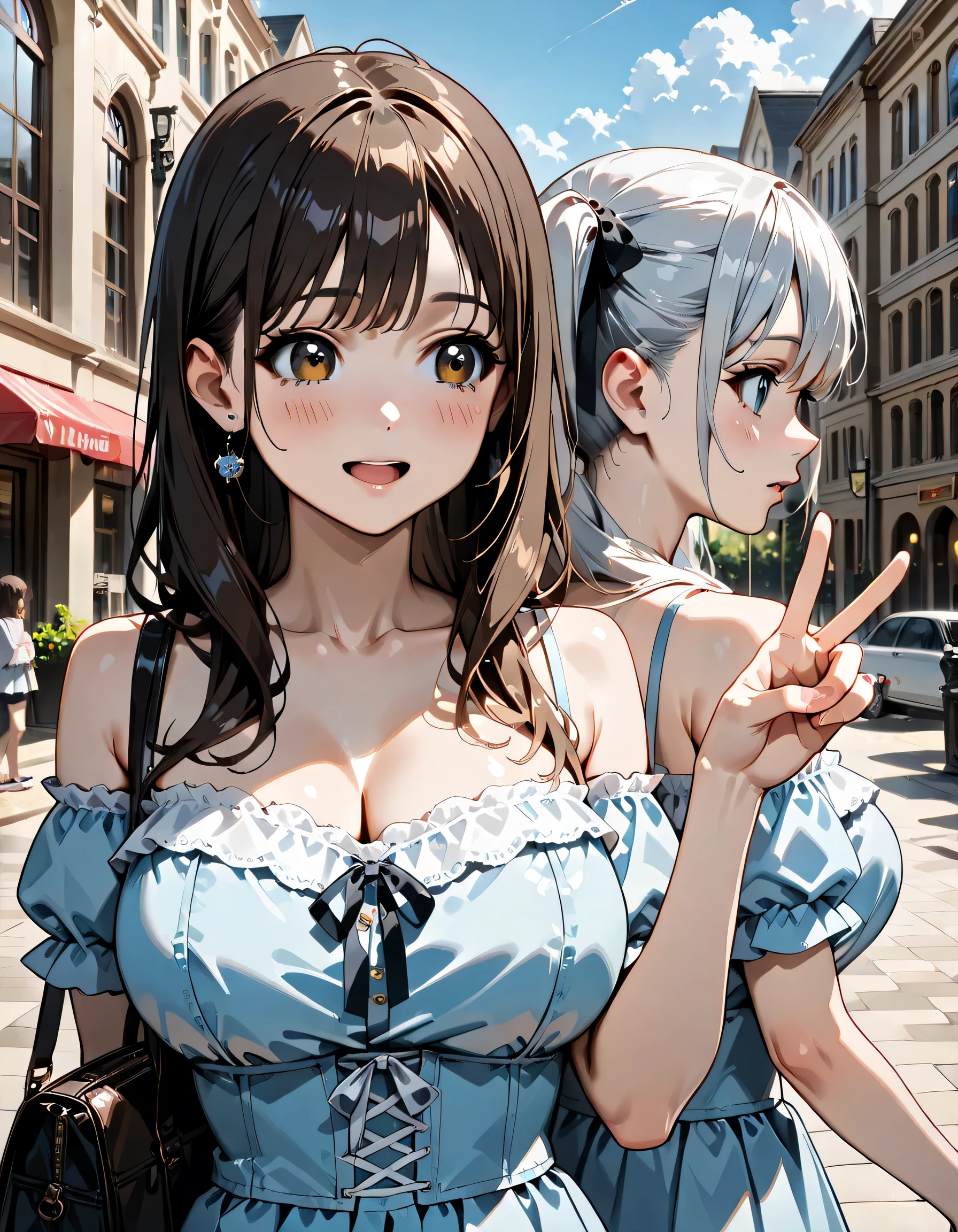 (Twoheads), (2heads:1.5), a pretty woman with extremely long wavy hair, thick hair, brown hair, perfect hands, clothes on, highlights in hair,
