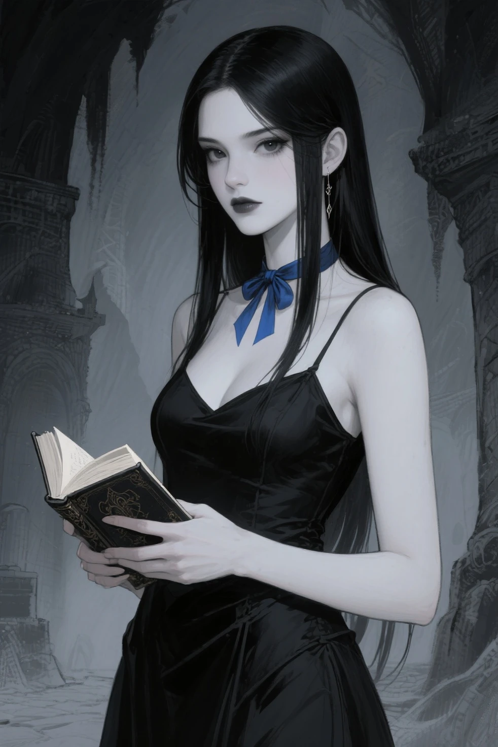 (masterpiece,High quality,Top quality,super detail, best quality ,)1women,long black hair,25 years old,black costume, witch,crow Face details,Skin details,Hd,fantasy,beautiful,