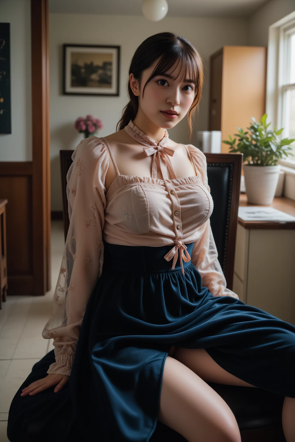(High Definition), One Female, Japan Person, Cute, Black Hair Short, wearing Floral Print Round Neck Short Bubble Sleeve Blouse & LONG EMBROIDERED flair SKIRT, Exposing lace hipster briefs WHITE see-through for Female, Solid Minimalist Tights Baby blue, nsfw, Straddling a chair, spread leggs, by window at large Coffee & Sweets room, Cup of coffee, Natural Light,