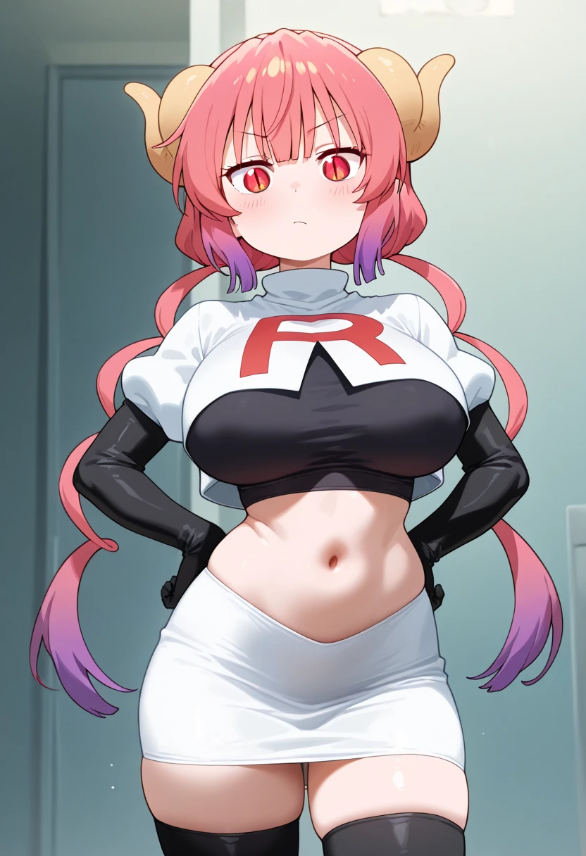 masterpiece, perfect lighting, (beautiful, best quality:1.3), perfect eyes, absurdres, 8k,
1girl, solo, (absurdres), finely detail,
ilulu_maiddragon, red hair, long hair, huge breasts, red eyes, twintails, horns, huge breasts,
team rocket,team rocket uniform, red letter R, white skirt,white crop top,black thigh-highs,black elbow gloves