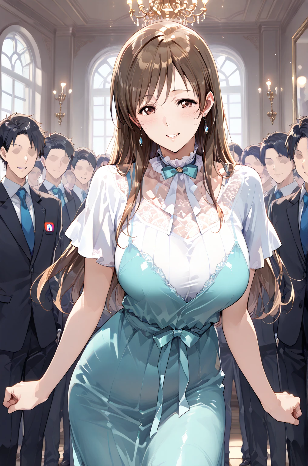 masterpiece, 1girl, Wide hips, naughty smile, Skindentation, blush, (silk blouse, navy skirt, black heels, standing, awards ceremony, accepting award, people in background, clapping, proud expression:1.2), cleavage, midriff, arms behind back <lora:MilaAzul_2.0:0.9>, peacock, <lora:peacock-noise:0.5>