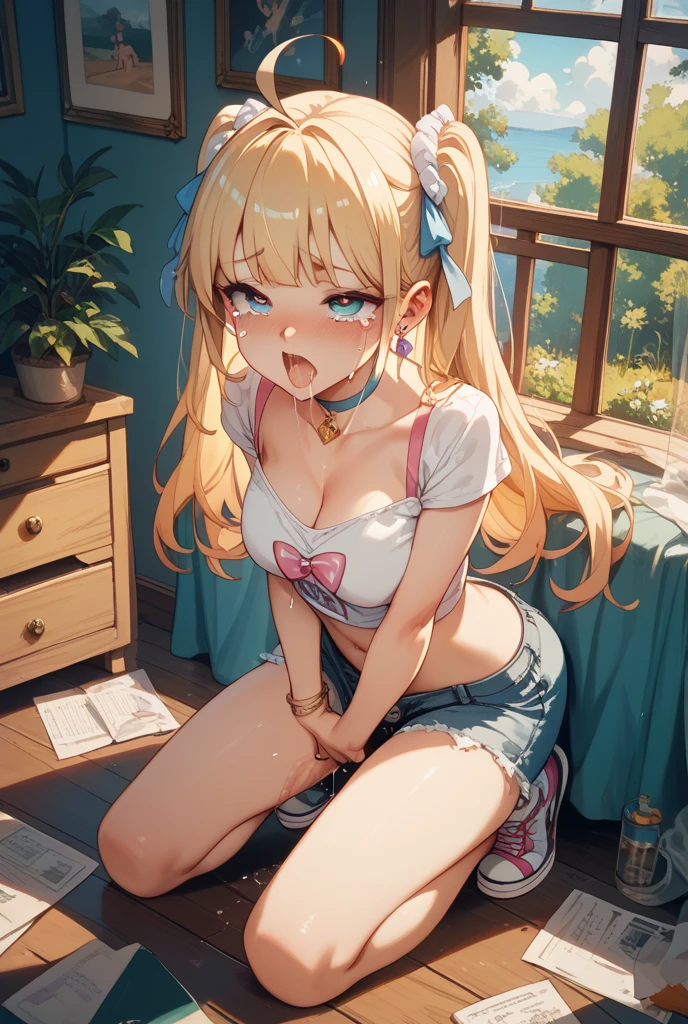 1girl, no bra, no understand, puss, wet, gold hair, very long hair, short body, ((loli, child, 10 years old)), ((masterpiece, best quality)), naked, ((completely_naked)), room, tiny_breasts, bare_shoulders, bed, (((lifting skirt)), wet puss, nfsw, smooth puss, depth_of_field, no clothes