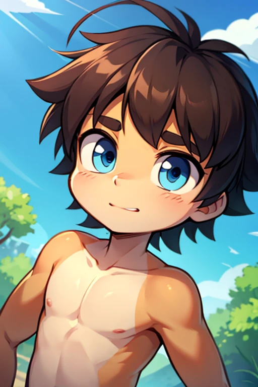 Draw a disabled boy who has no arms and no legs, with a big chest, brown hair and green eyes Anime style