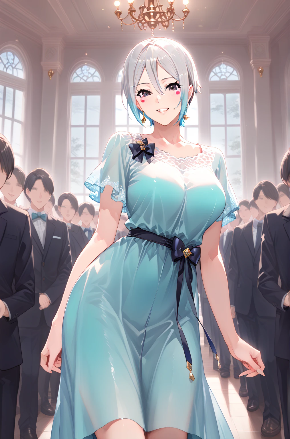Highest quality, Great quality, 16K, Unbelievably absurd, Very detailed, 2.5D, delicate and dynamic, Oscar, audience, Dress, Joy, (one sexy lady, big bouncing busts, fancy party dresses, great joy, Banzai, hug)