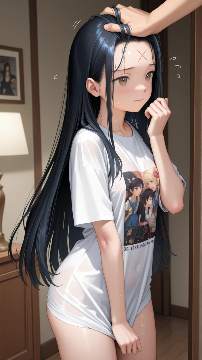 (masterpiece,Highest Quality),(child),((Long T-shirt,Thin dress)),(A dark-haired,long twintail),sleepy expression,Delicate body