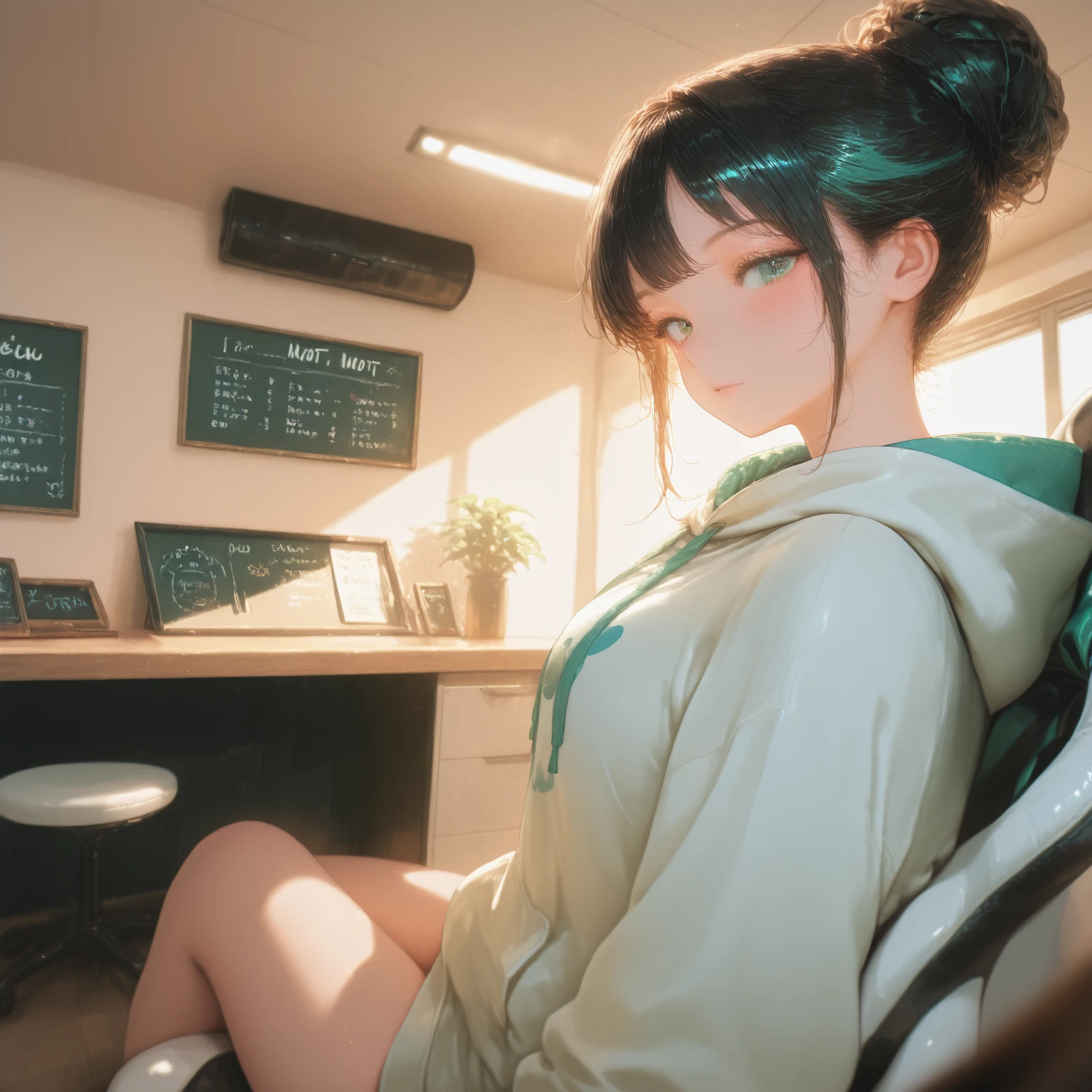 (perfect anatomy:1.2)(absurdres, highres, ultra detailed),masterpiece,best quality,high resolution,8k,Realistic face,Realistic skin texture,magnified textures, stunning clarity,detailed anime girl,(ultra detailed eyes and face),(only 1 girl:1.4)21years old,she is office worker,,black hair, bob cut, No-makeup look,,(green school track jacket:1.2),(white school track pants),white t-thirt,(The chest is visible),11 p.m,sparkling eyes,small nose,roundface,Women's Apartments in japanese suburb,(faint light),(darkness),(midnight),(sitting a gaming chiar:1.4),(happy),