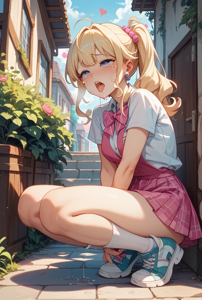 best quality,1girl,((little girl,small breasts,loli:1.3)),curvy,((orgasm,blush,saliva,saliva trail,ahegao:1.3)),angry,sweat,Sakurai Momoka,blonde hair, short hair, ((white tank top,pink skirt,mini skirt,lift skirt,upskirt,kneehighs,white panties,lace panties:1.1)),((walking:1.1)),forest,forest林,crotchAngle,head out of frame,lower body,((have to pee:1.3)),covering crotch,(((hand between legs))),knees together feet apart,Pee,Urinating,wet