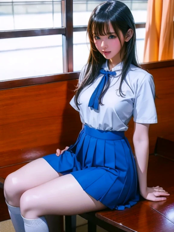 Nude picture of a cute young girl with big breasts wearing White shirt, blue petal skirt, anime style.