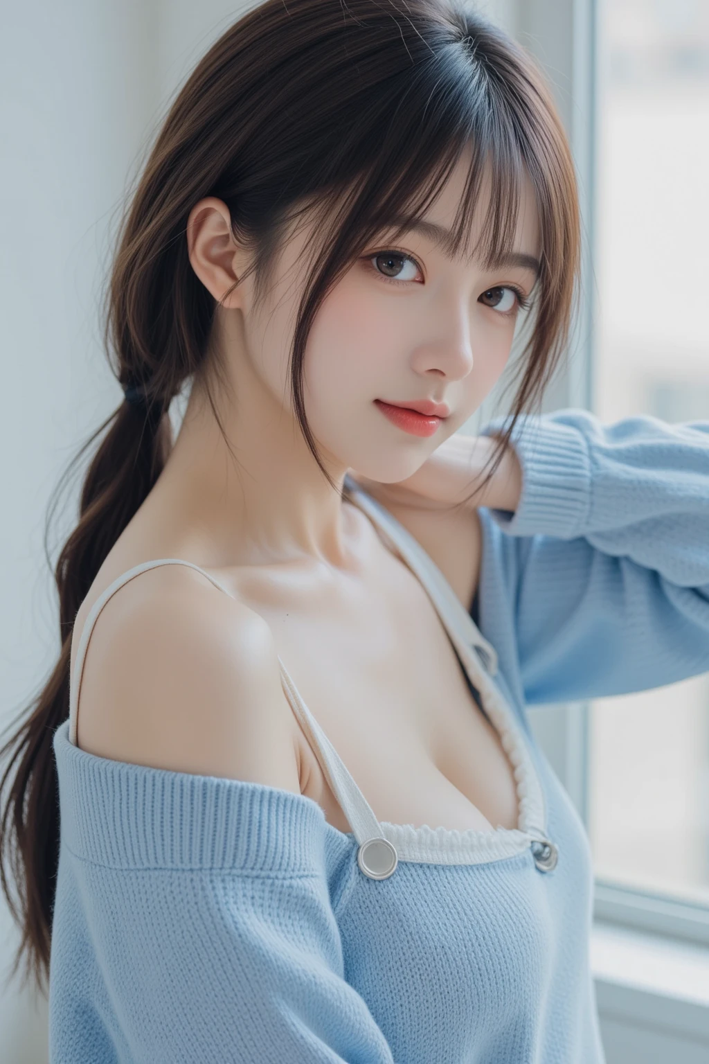 Beautiful woman with perfect figure:1.4,Layered Hair Style,potruding nipple:1.lump,blue see-through sweater,Highly Detailed Face and Skin Textur,二重まぶた,Whitening Skin,Pink Long Hair