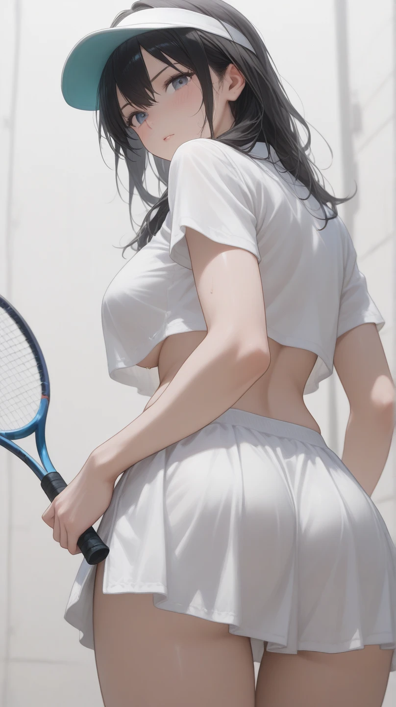 (masterpiece,highest quality,超A high resolution),japanese woman, (((Very beautiful 25 year old girl))), pretty girl、look at the photographer、 ((beautiful low ponytail)), super cute face, glossy lips, double eyelids in both eyes,natural smile、 natural makeup, long eyelashes, shiny smooth hair、center image, perfect limbs, perfect anatomy,(((Women's Tennis Uniforms)))、,(wet with sweat),,look back,See-through