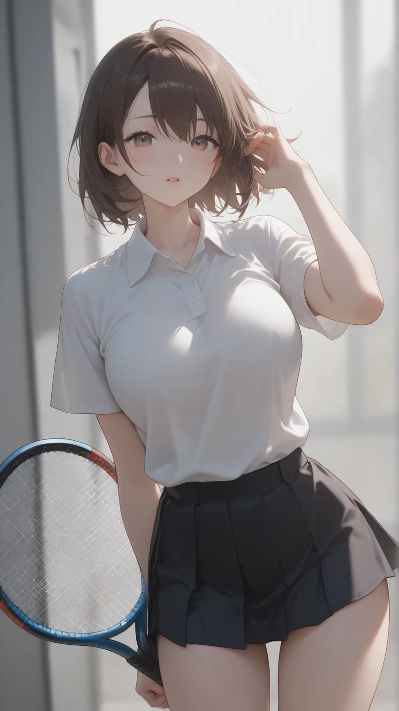 1girl, solo, white polo shirt, white sneakers, tennis wear, white miniskirt, masterpiece, best quality, realistic, hyper-detailed, (shiny skin, sweaty:1.4), absurd, looking at viewer, short black hair, brown eyes, slender, dynamic lighting, high resolution, sharp focus, depth of field, detailed eyes, sharp pupils, realistic pupils, (small breasts:1.6), (thick thighs:1.0), outdoor, sky