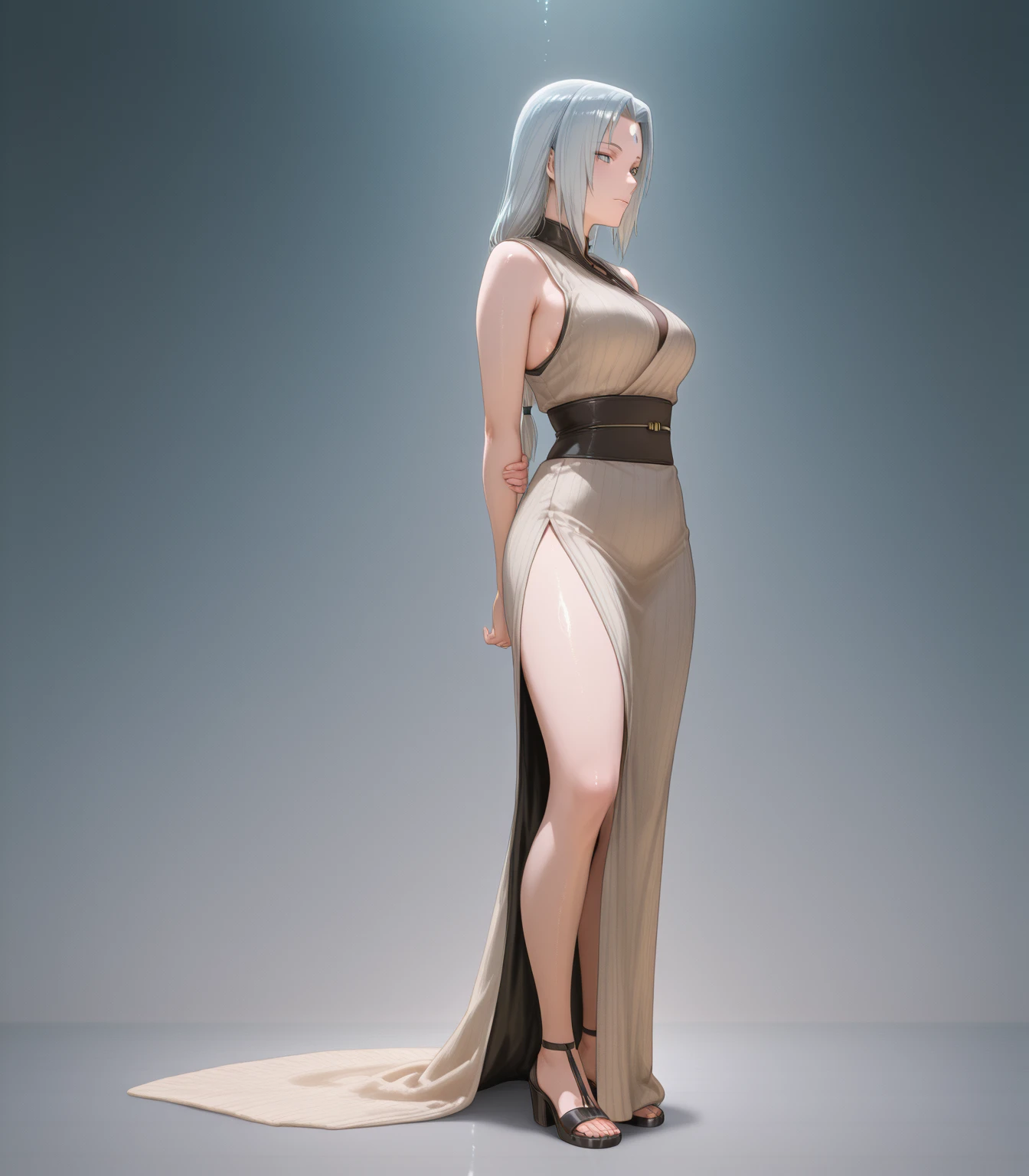 (((Plain background 1:2))) (masterpiece, high quality: 1.1) 1girl full body standing, hairstyle with a braid, white colored hair, yellow eyes, perfect lighting, muscular, thighs, mature woman, mummy, bellybutton, abs, looks at the viewer smile RED CHEEKS, extremely huge breasts, maternal, porcelain skin, extra very long hair, sparkly skin, good face, chest cover, HANDS ON HIPS