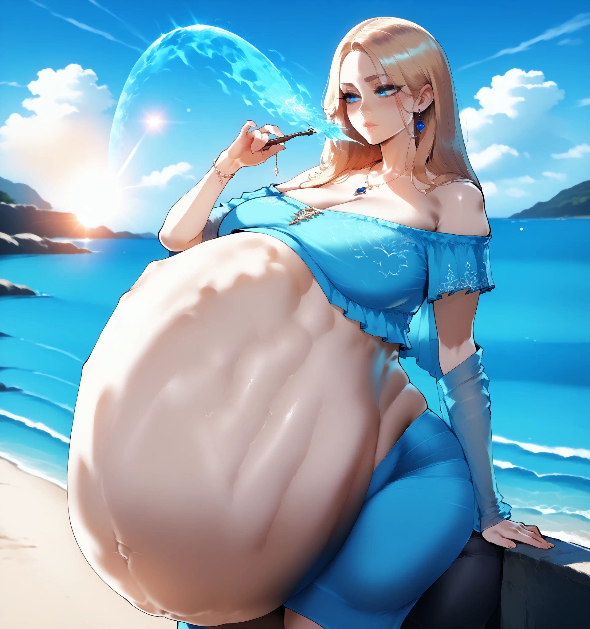 (masterpiece, Best Quality, High resolution),(4k) 1 girl, blonde, violet and black swimsuit, in the stomach, lying, big breasts,, pregnancy, looking at the viewer, beach landscape,((profile view))