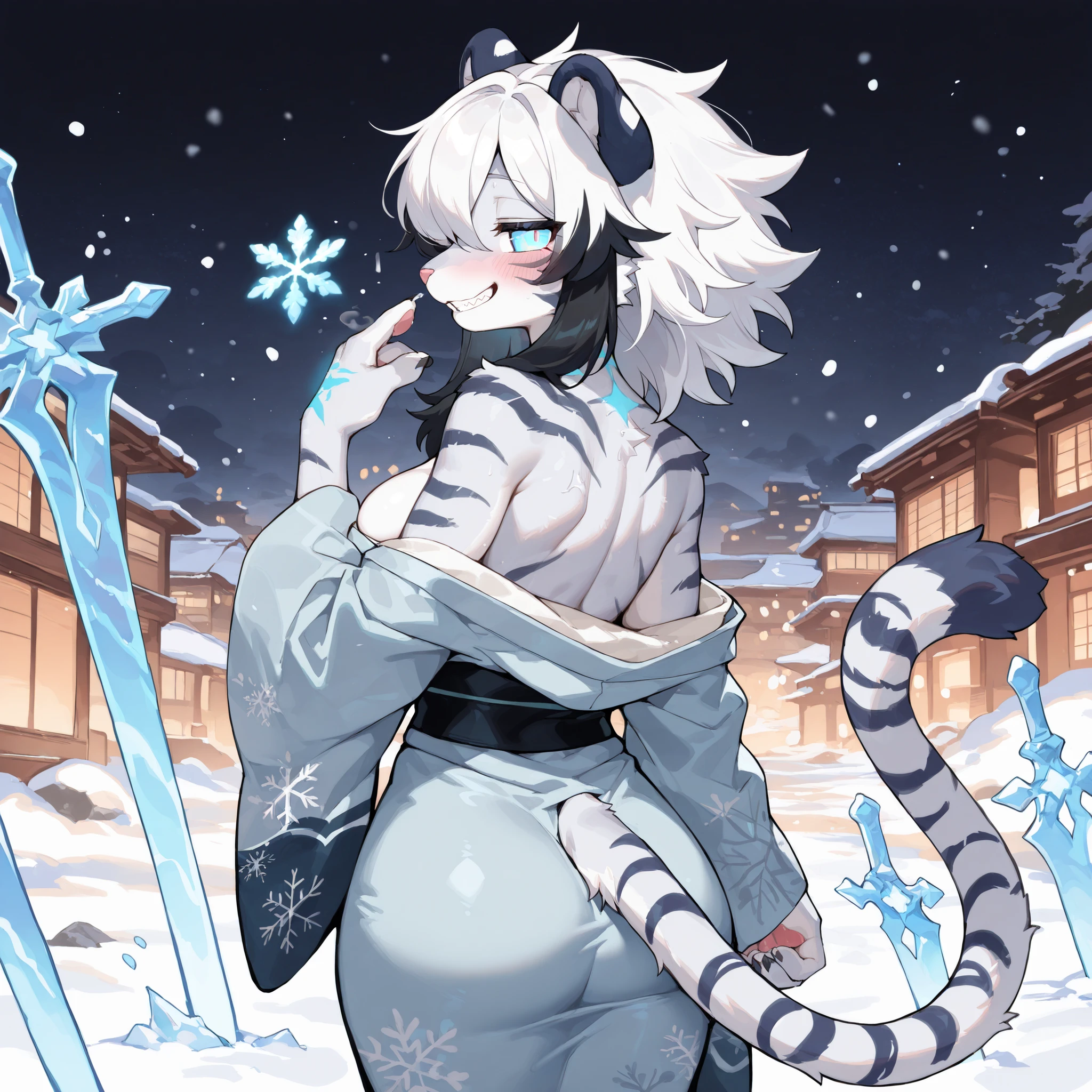 (back view) (((solo:1.5))) (adult, wide shoulders, mature:0.9, very cute, female, girl, hot, big eyes:1.4, round face:1.4, blue eyes, detailed eyes), ((white hair with black ends:1.5, black tipped hair:1.4, black hair strands)), (medium hair, hair over whole head, body fur, furry, femboy:1.5, cute:1.5, white tiger boy, medium breasts), white fur, white fur on body, snow, glowing scar on neck, blue markings, night, city, snowflakes falling, pawpads on hand, power, cute, (feminine boy), wearing light blue kimono, very big eyes, cute, very cute, femboy, blushing, teasing smirk, teasing, very cute, big splash of snow behind character, ice on background, evil expression, evil grin, closed eyes, glowing ice on background, arm open wide, glowing ice on hands, standing up, ice magic from hands, glowing snowflakes, floating ice blades, floating ice swords body fur, furry, (masterpiece, best quality)