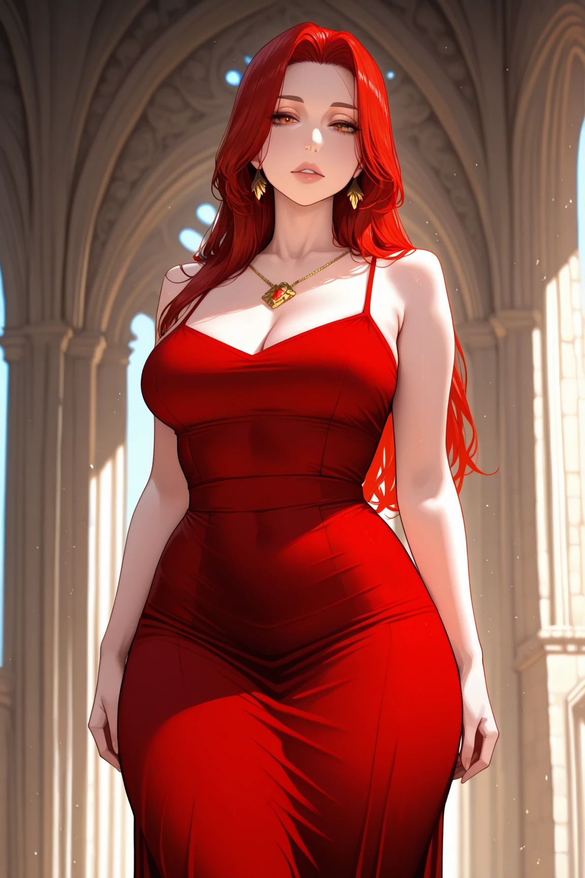 araffe woman in a red dress, magical outdoor location, lorena avarez, perfect body, green eyes, in a red dress, sexy red dress with massive slit in the centre revealing sexy legs, wearing a longv red dress, wearing a long red dress, tight dress, curvy hourglass figure, woman wears a long red dress, curvy model, long red dress, irina nordsol kuzmina, profile pic, curvy figure, huge breasts, tall, sexy pose.