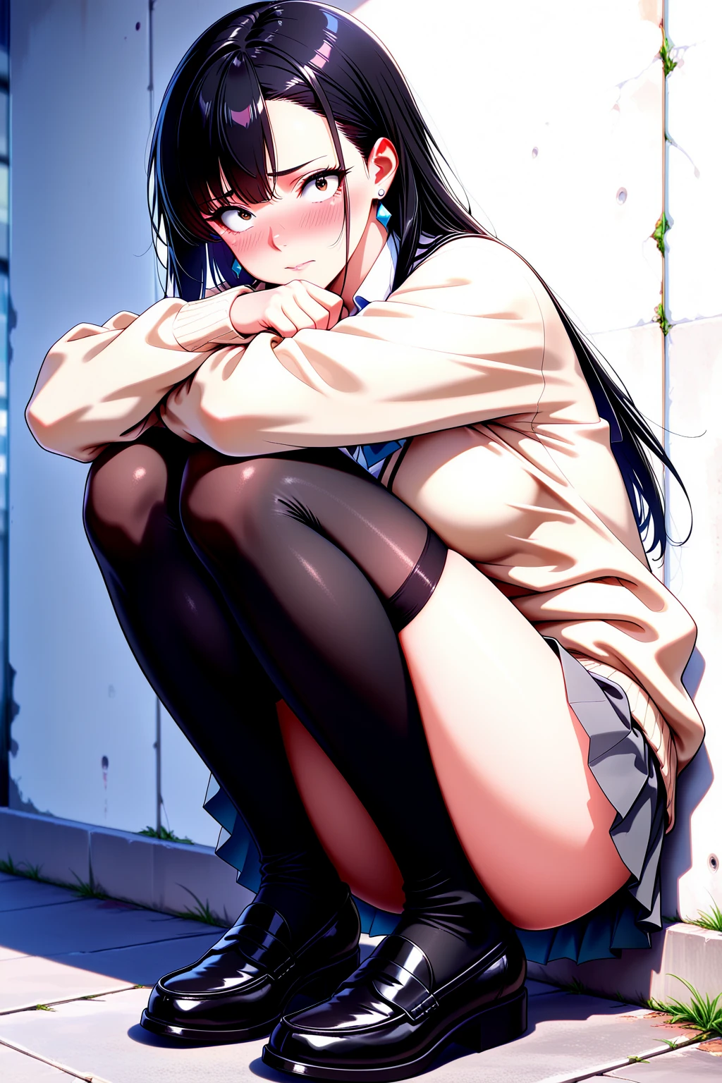 ((Beautiful feet)),(((Black Stockings))),((Lace panties)),((school uniform)),((loafers)),(((Pleated mini skirt))), ((White blouse)),((Correct Anatomy)),((Crouching on the stairs)),Ultra-high resolution, Mature Woman, Mature Woman, Very detailed, ((Big Tits)), Perfect hands, Detailed fingers, Beautiful details,((Long, long hair)),((Twin tails)),Black choker, Earrings,Perfect Eyes, Seductive eyes,School stairs