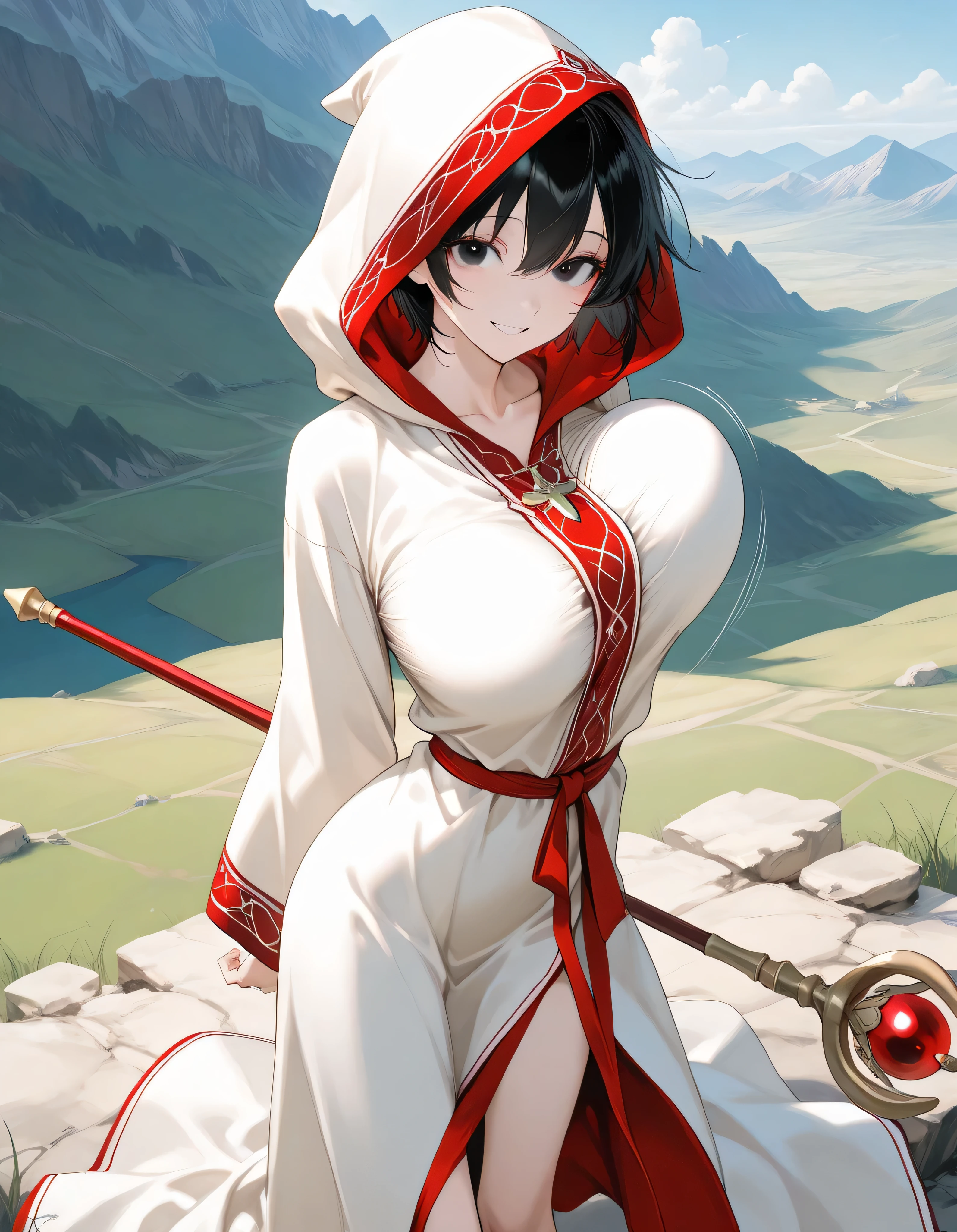 score_9, longlegs_v0.22_pony, BREAK, solo, 1 skinny girl standing, pythoness, baby face, black eyes, black short hair, BREAK, (bursting large breasts), (too short torso), (too short waist), too narrow waist, skinny legs, BREAK, smile for viewer, arched back, arms behind back, bouncing unaligned breasts, BREAK, (very long white robe with hood), long robe under knee, (red embroidered white robe), long sleeve, collarbone, (holding 1 long scepter with large head), (scepter longer than 2 meters), embellish scepter with carving eagle, BREAK, landscape, orgasm